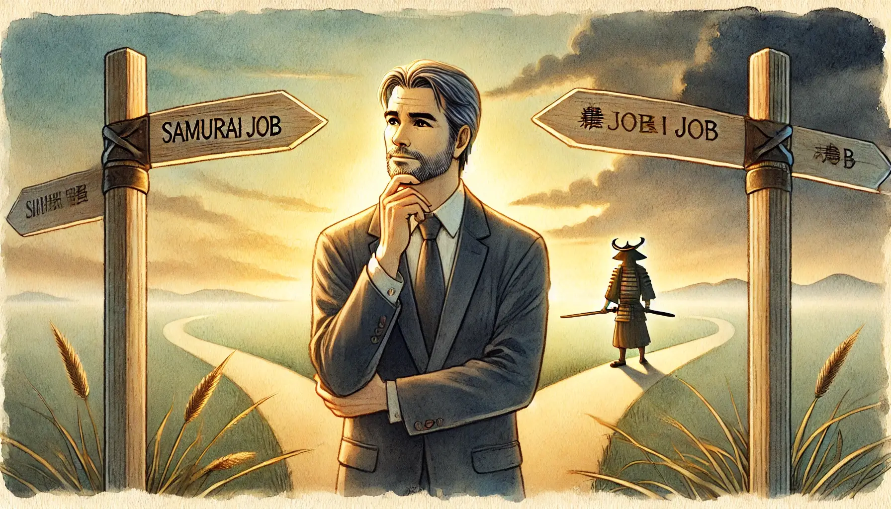 スーツを着た男性が「SAMURAI JOB」と「農業 JOB」と書かれた分かれ道で進路に迷っているイラスト